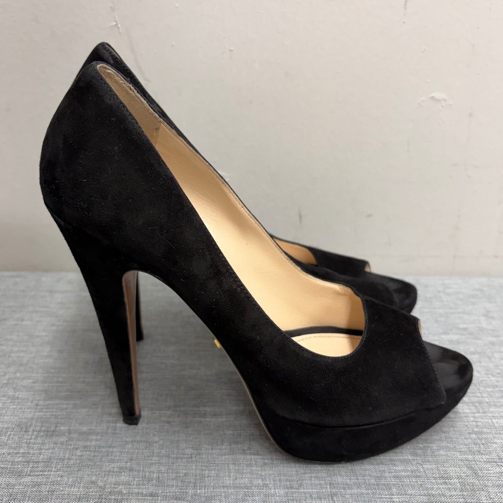 Prada Peep Toe Platform Pump Womens 38 Black Suede Stiletto High Heel Italy